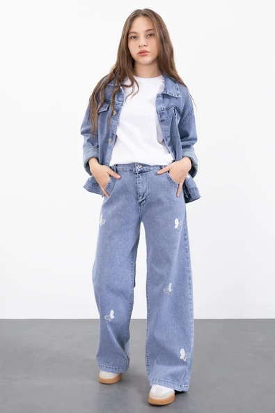 Mavi Kelebek Nakışlı Düğmeli Ceketli Pantolonlu Kız Çocuk Jean Takım 23446 ürün görseli 1