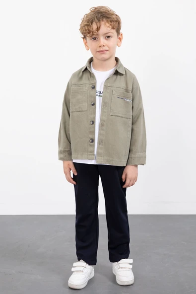 Haki Yazılı Düğmeli Gömlekli Erkek Çocuk Pantolonlu 3lü Takım  23372 ürün görseli 1