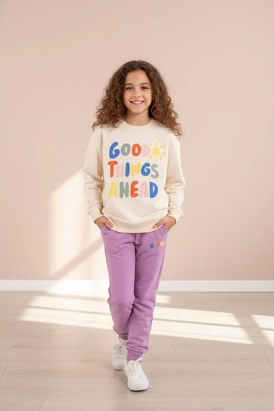 Krem Good Things Nakışlı Kız Çocuk Bisiklet Yaka Eşofman Takımı 23391 ürün görseli 1