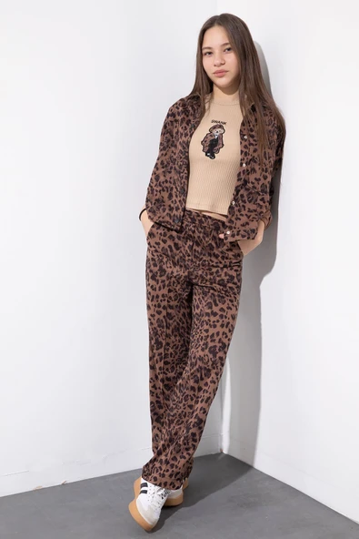 Taba Leopar Desenli Ceketli ve Pantolonlu Kız Çocuk Badili 3lü Takım  23550 ürün görseli 1