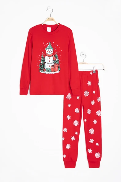 Kırmızı Yılbaşı Temalı Uzun Kol Çocuk Pijama Takımı 23397 ürün görseli 1