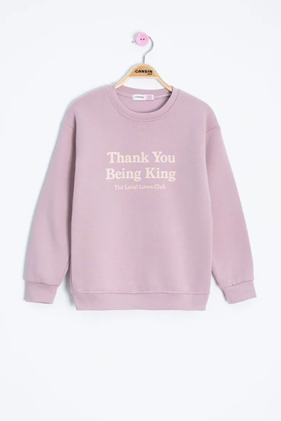 Gül Kurusu Yazı Baskılı Bisiklet Yaka Kız Çocuk Şardonlu Sweatshirt 23259 ürün görseli 1