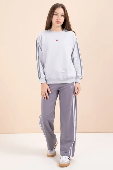 Gri Şerit Detaylı Geniş Paça Nakışlı Kız Oversize Eşofman Takımı 23453 ürün görseli 1