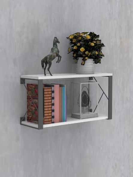 Dekoratif Beyaz Ahşap Raf - 2 Katlı, C Raf, Ahşap Duvar Rafı - 20x60 cm ürün görseli 1