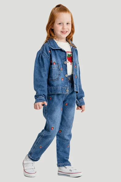 Kırmızı Çilek Nakışlı Jean Ceketli Pantolonlu Kız Çocuk 3lü Takım 23430 ürün görseli 1