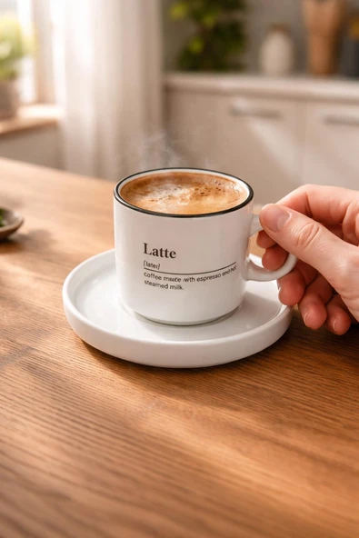 Latte Yazılı Kahve Fincanı ve Tabağı – Siyah Çerçeve Detaylı Modern Tasarım Kahve Kupası Bardağı ürün görseli 1