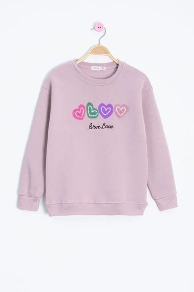 Somon Kalp Nakışlı Bisiklet Yaka Kız Çocuk Şardonlu Sweatshirt 23253 ürün görseli 1