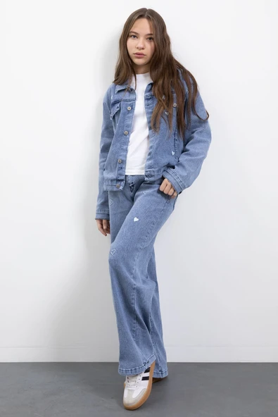 Mavi Kalp Desenli Düğmeli Ceketli Pantolonlu Kız Çocuk Jean Takım 23475 ürün görseli 1