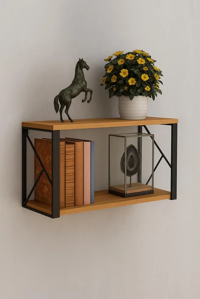 Dekoratif Meşe Ahşap Raf - 2 Katlı C Raf, - 2 Katlı, C Raf, Ahşap Duvar Rafı - 20x60 cm ürün görseli 1