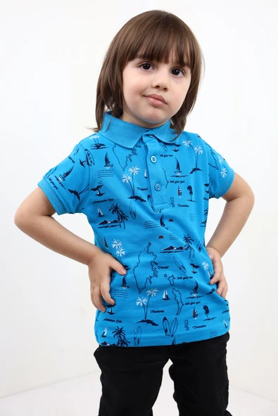 Toontoy Erkek Çocuk Baskılı Polo Yaka Düğmeli Kısa Kollu Tişört ürün görseli 1