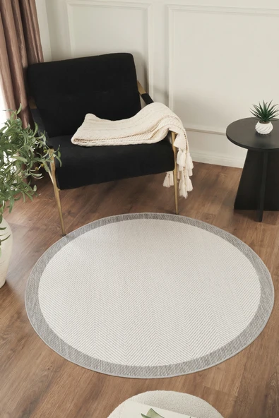 Sisalux 3086 Beyaz Gri Yuvarlak Sisal Dokuma Jüt Kilim Hav Toz Vermez Mutfak Oturma Odası Halısı ürün görseli 1
