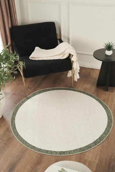 Sisalux 3090 Krem Yeşil Yuvarlak Sisal Dokuma Jüt Kilim Hav Toz Vermez Mutfak Oturma Odası Halısı ürün görseli 1