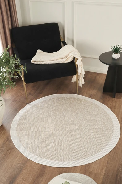 Sisalux 3085 Bej Krem Yuvarlak Sisal Dokuma Jüt Kilim Hav Toz Vermez Mutfak Oturma Odası Halısı ürün görseli 1
