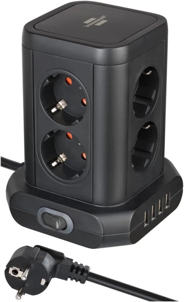 Brennenstuhl 4 x USB 8 Soketli Kablolu Kule Tipi Priz Ayırıcı Siyah ürün görseli 1