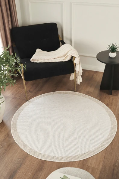 Sisalux 3084 Krem Bej Yuvarlak Sisal Dokuma Jüt Kilim Hav Toz Vermez Mutfak Oturma Odası Halısı