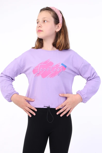 Toontoy Kız Çocuk Baskılı Bisiklet Yaka Uzun Kollu Tişört - Beli Ayarlanabilir ürün görseli 1