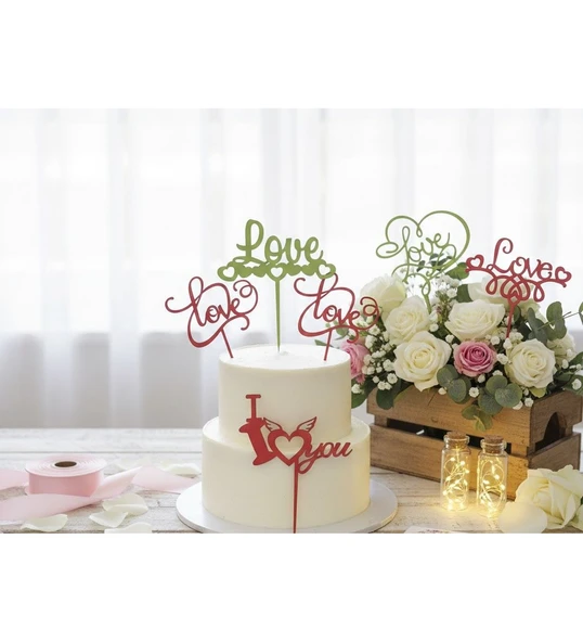Lazer Kesim Ahşap Kalp ve Love Temalı Pasta ve Çiçek Süsü - 10 Adet, 11 cm & 13 cm ürün görseli 1