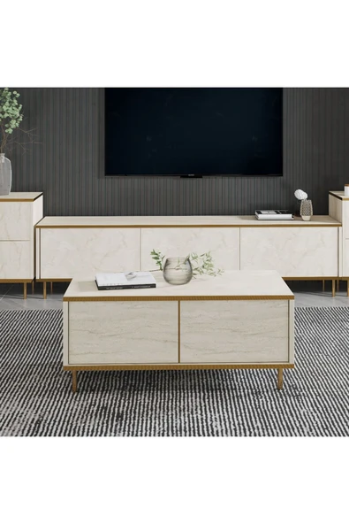 İmaj Modern Kapaklı Orta Sehpa – 90x45 cm | Mermer Desenli ve Gold Detaylı  Traverten ürün görseli 1