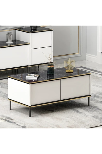 İmaj Modern Kapaklı Orta Sehpa – 90x45 cm | Mermer Desenli ve Gold Detaylı  Beyaz ürün görseli 1