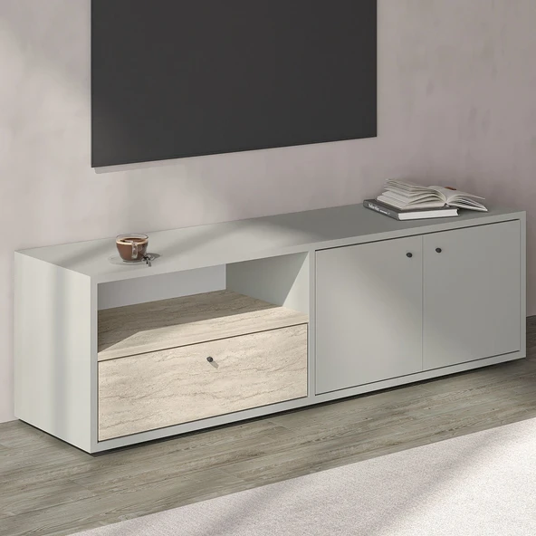 Pao Kapaklı Minimal TV Sehpası – 136 cm  Gri/Traverten ürün görseli 1
