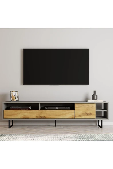 Luga Kapaklı TV Sehpası - Metal Siyah Ayaklı Modern Tasarım  Gri/Antik Ceviz ürün görseli 1