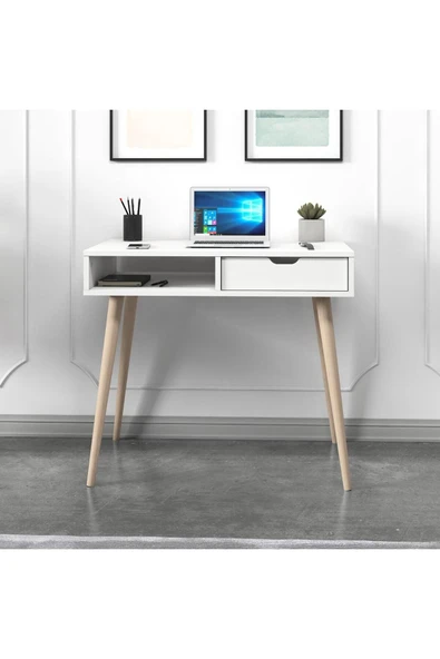 Offer Çalışma Masası, Bilgisayar Masası, Çekmeceli, Ahşap Ayak, Ev-Ofis  Beyaz ürün görseli 1