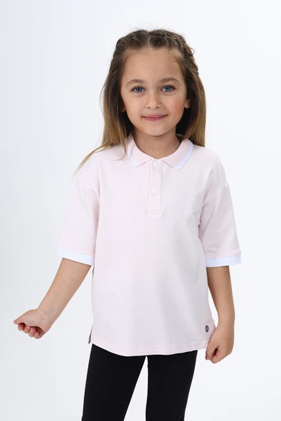 Toontoy Kız Çocuk Baskılı Polo Yaka Çıtçıtlı Kısa Kollu Yırtmaçlı Tişört ürün görseli 1