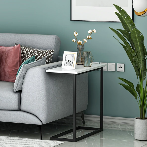 Narin Metal Ayaklı Minimalist Yan Sehpa - Modern C Sehpa  Beyaz/Siyah ürün görseli 1