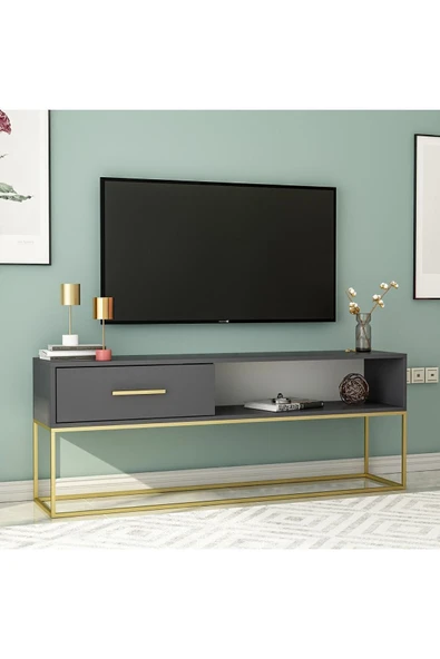 Mira TV Sehpası 160 cm – Kapaklı ve Raflı, Gold Ayak, Modern Tasarım  Antrasit/Gold ürün görseli 1