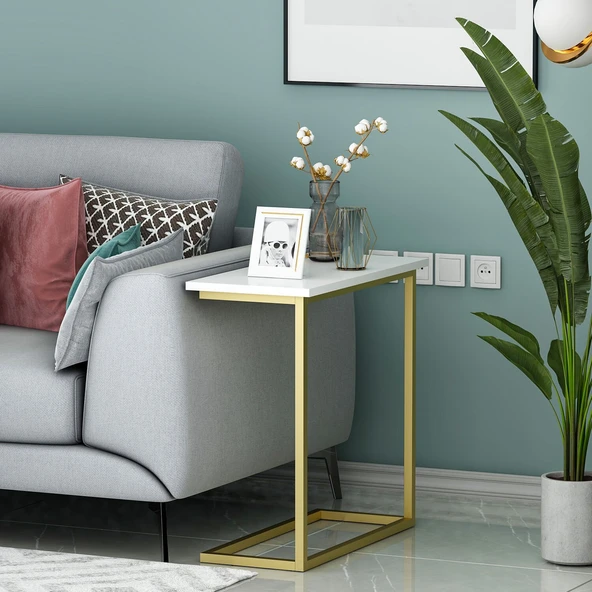 Narin Metal Ayaklı Minimalist Yan Sehpa - Modern C Sehpa  Beyaz/Gold ürün görseli 1