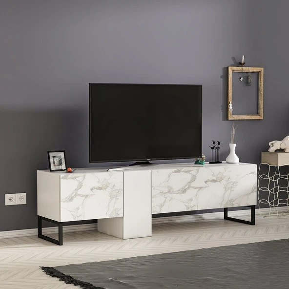 Saga T0016 Kapaklı, Metal Ayaklı, Modern Tv Sehpası  Beyaz/Beyaz Mermer ürün görseli 1