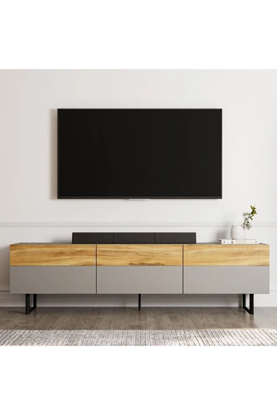 SIGN Modern Tek Kapaklı TV Sehpası - 180 cm - Siyah Metal Ayaklar  Gri/Antik Ceviz ürün görseli 1