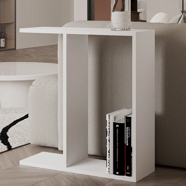 Lotus Modern Yan Sehpa – Kitaplıklı ve Dekoratif Tasarım  Beyaz ürün görseli 1