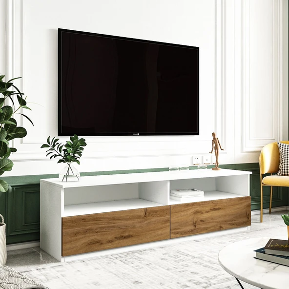 Centra Modern Kapaklı Tv Sehpası – 144 cm  Beyaz / Antik Ceviz ürün görseli 1