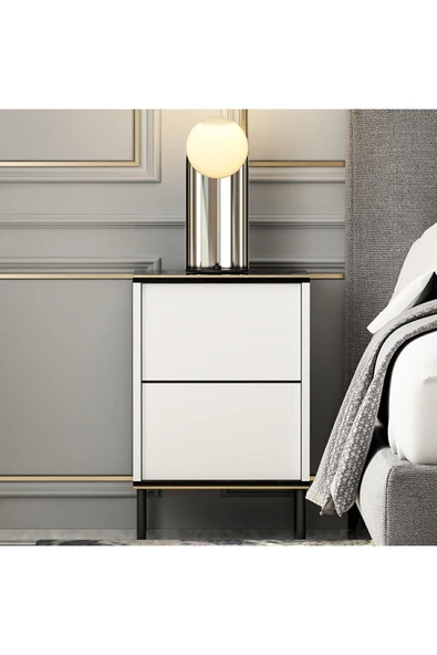 İmaj Modern Kapaklı Komodin – Mermer Desenli & Gold Detaylı  Beyaz ürün görseli 1