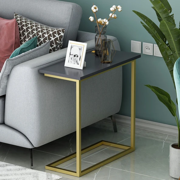 Narin Metal Ayaklı Minimalist Yan Sehpa - Modern C Sehpa  Antrasit/Gold ürün görseli 1