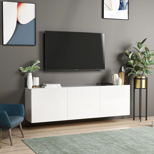 White Duvara Monte TV Sehpası – 3 Kapaklı  Beyaz ürün görseli 1