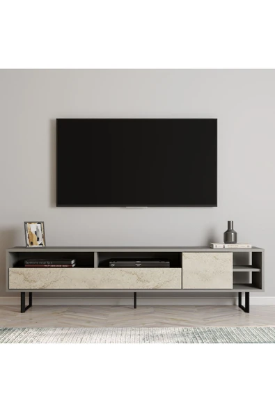 Luga Kapaklı TV Sehpası - Metal Siyah Ayaklı Modern Tasarım  Gri/Traverten ürün görseli 1