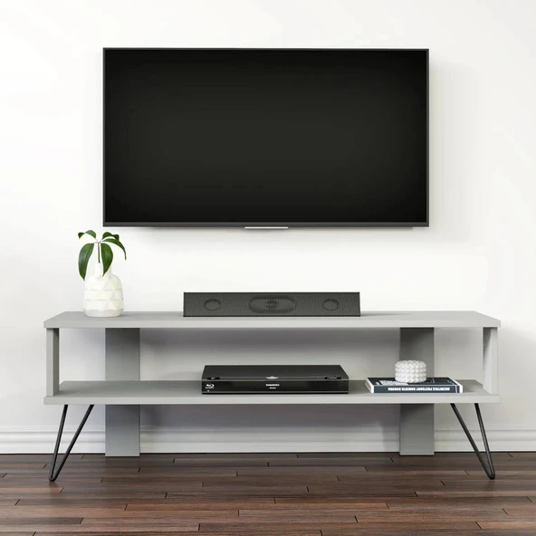 Duama TV Sehpası – Metal Ayaklı, Açık Raflı Tasarım, 120 cm  Gri ürün görseli 1