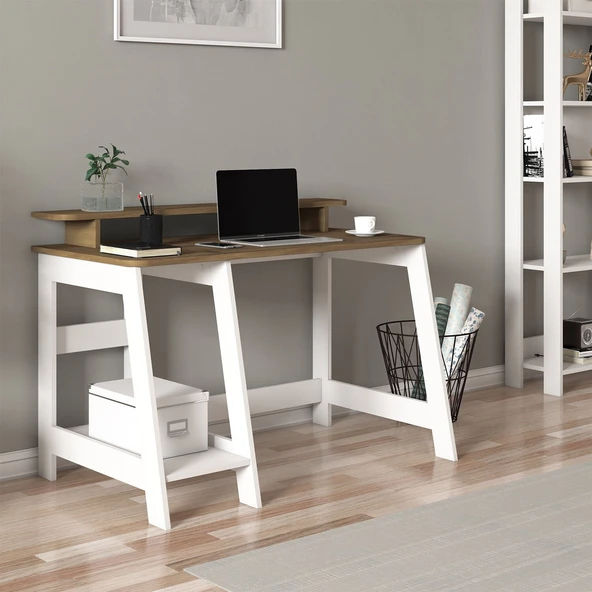 Country Ergonomik Çalışma Masası, Modern Bilgisayar Masası  Beyaz / Antik Ceviz ürün görseli 1
