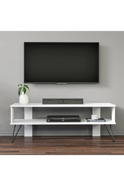 Duama TV Sehpası – Metal Ayaklı, Açık Raflı Tasarım, 120 cm  Beyaz ürün görseli 1