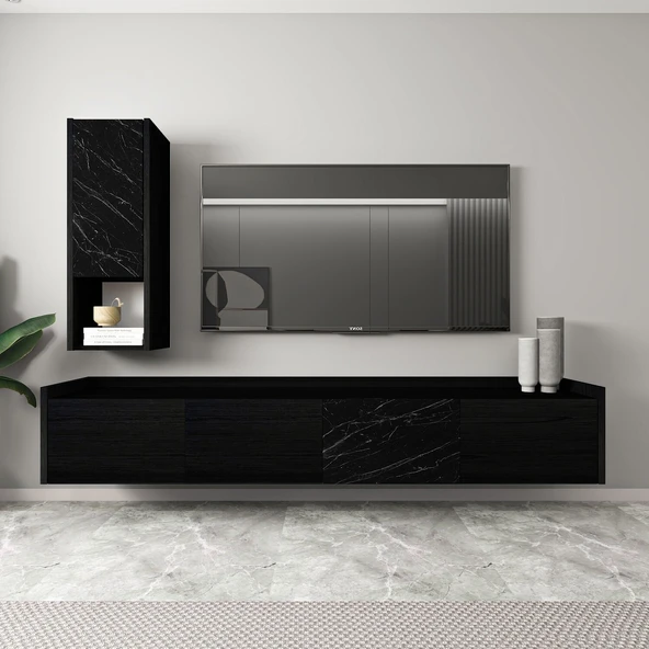 Sema T007 Duvara Monte Modern TV Ünitesi - Kapaklı Raflı Tasarım  Ahşap Siyah/Mermer ürün görseli 1