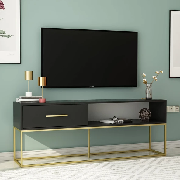 Mira TV Sehpası 160 cm – Kapaklı ve Raflı, Gold Ayak, Modern Tasarım  Siyah/Gold ürün görseli 1