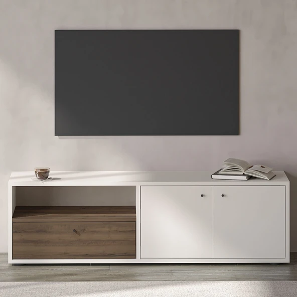 Pao Kapaklı Minimal TV Sehpası – 136 cm  Beyaz/Antik Ceviz ürün görseli 1