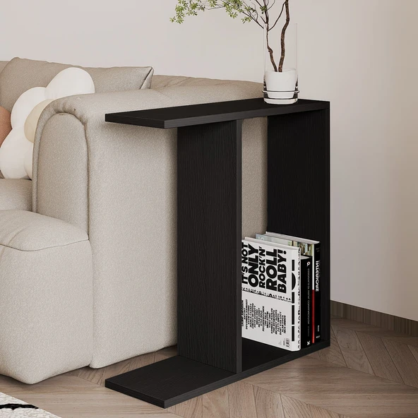 Lotus Modern Yan Sehpa – Kitaplıklı ve Dekoratif Tasarım  Ahşap Siyah ürün görseli 1