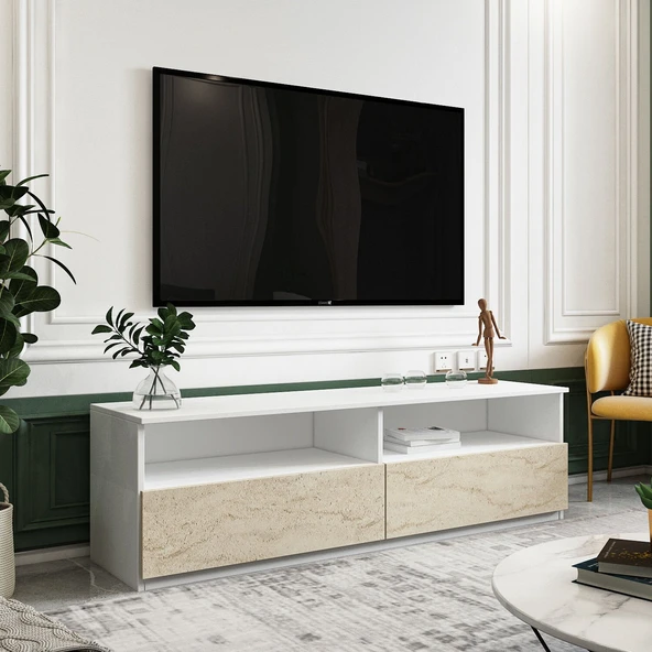 Centra Modern Kapaklı Tv Sehpası – 144 cm  Beyaz/Traverten ürün görseli 1