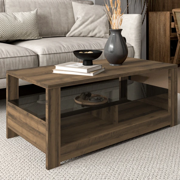 Aydos Cam Raflı Modern Orta Sehpa  Antik Ceviz ürün görseli 1