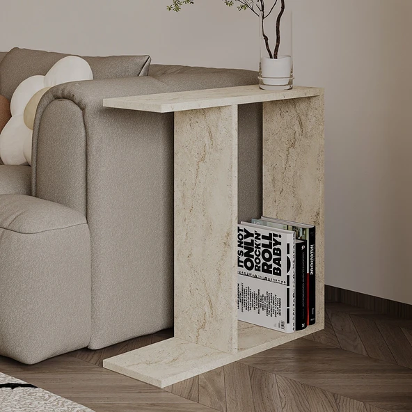 Lotus Modern Yan Sehpa – Kitaplıklı ve Dekoratif Tasarım  Traverten Desen ürün görseli 1