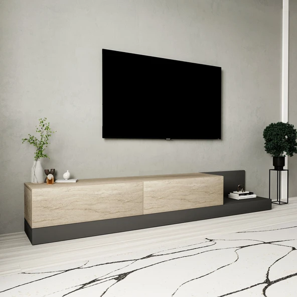 Majör Modern 2 Kapaklı TV Sehpası – 180 cm  Traverten/Antrasit ürün görseli 1