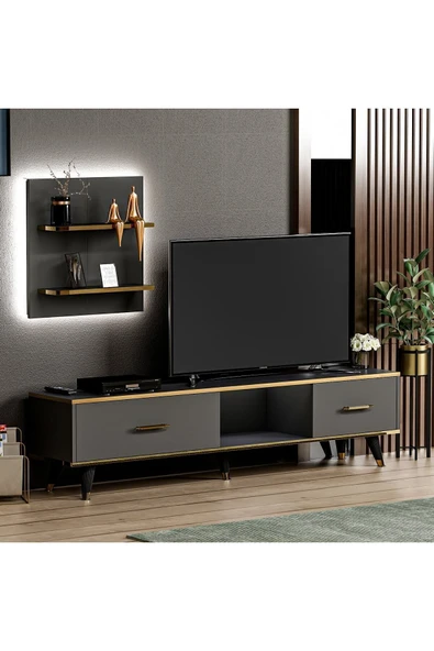 Aren Işıklı TV Ünitesi – Duvara Monte Raflı, Gold Detaylı Modern Tasarım  Antrasit ürün görseli 1